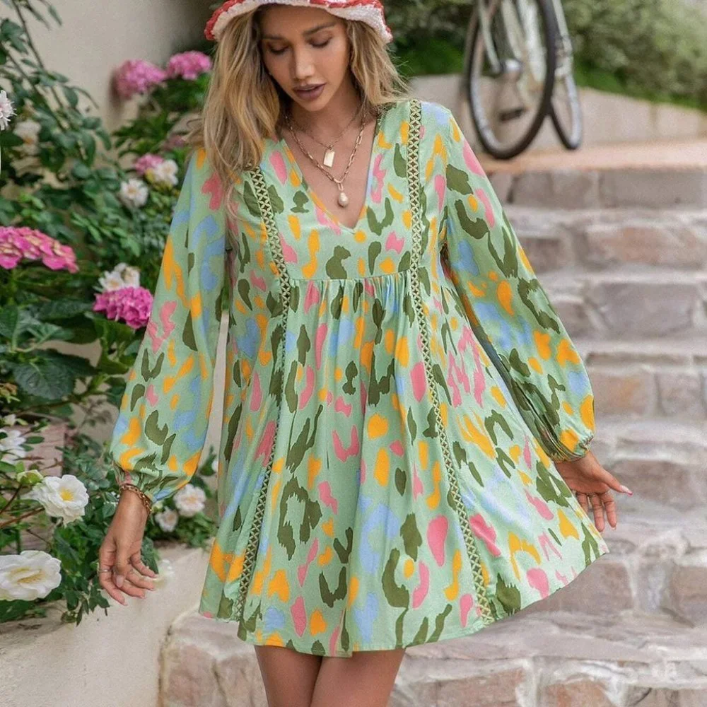 Boho Print Bishop long Sleeve Lace Insert mini Dress
